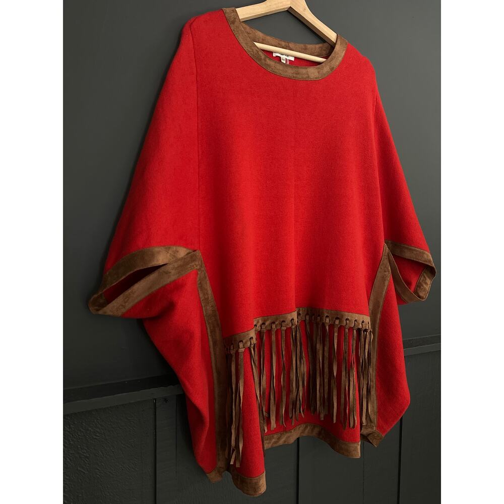 Tyler Boe Red Brown Cotton Cashmere Knit Fringe Poncho Sweater Cap Size Small XS - Picture 3 of 9